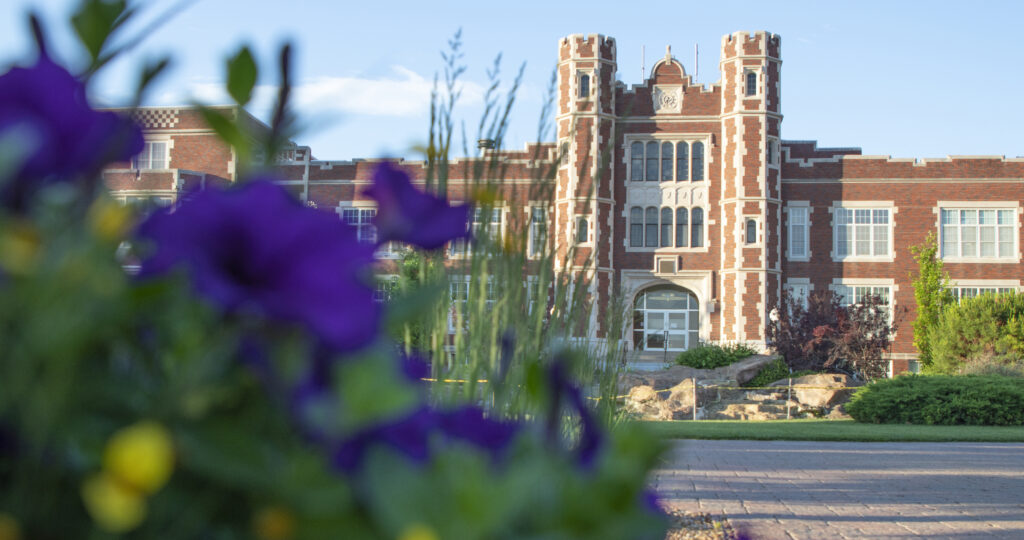 Flowers in front of Pioneer Hall